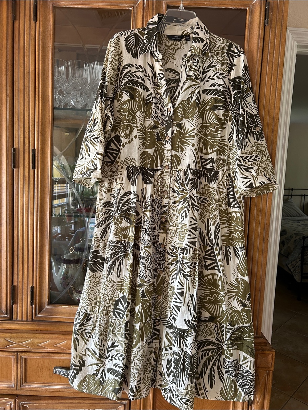 Abstract Palm-Print Tiered Midi Dress in Olive & Tan, Fully lined, 100% cotton